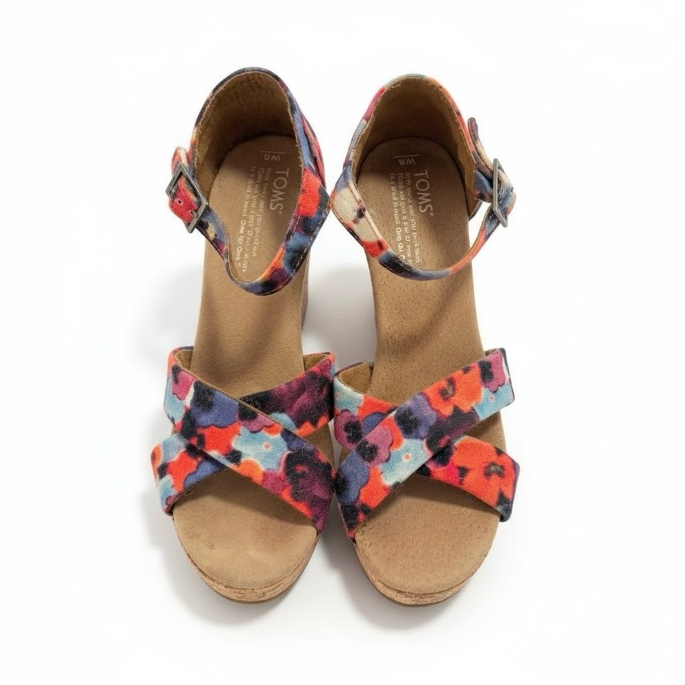 Toms Sienna Floral Print Wedge Ankle Strap Sandals Size 8